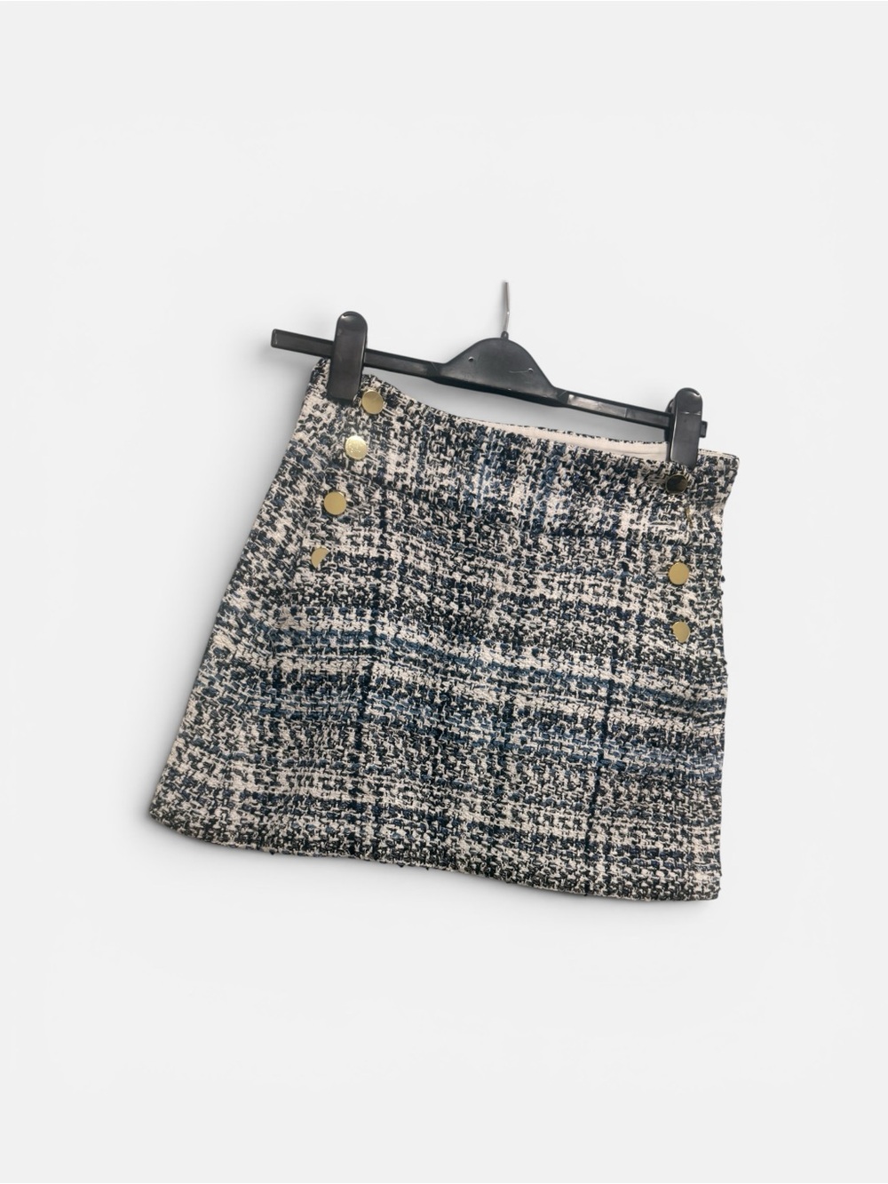 Alice + Olivia Navy and Cream Tweed Mini Skirt with Gold Buttons